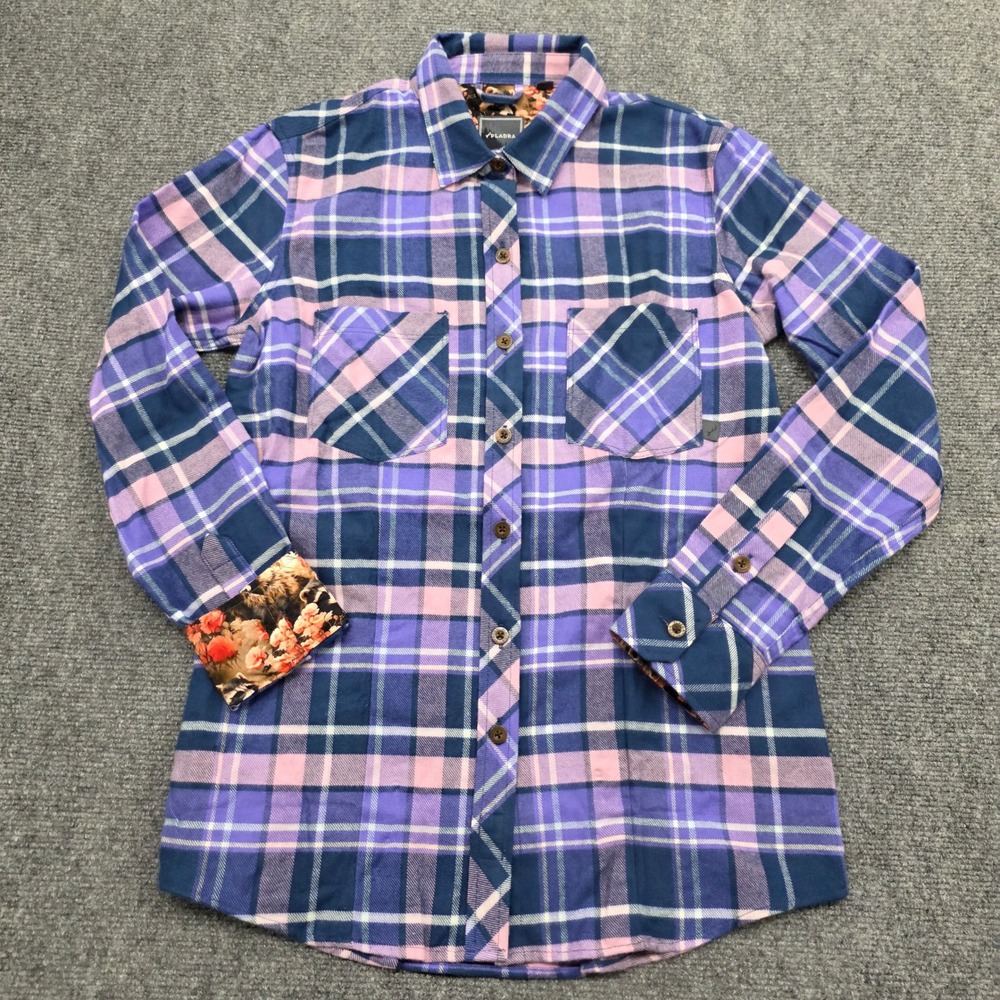 Pladra Womens XS Flannel Shirt Purple Pink Plaid Raccoon Floral Lining Cotton